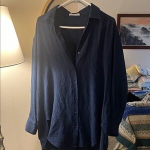Carly Jean Los Angeles Navy Blue Oversized Button-Up Shirt